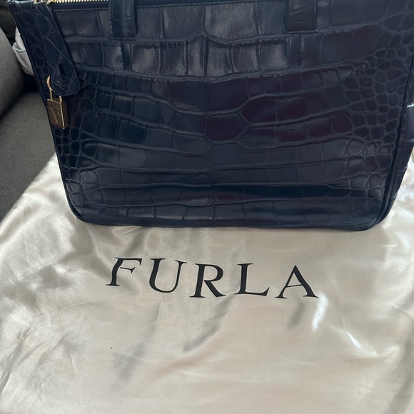 Furla Dark Blue Croc-Embossed Tote - Picture 1 of 3